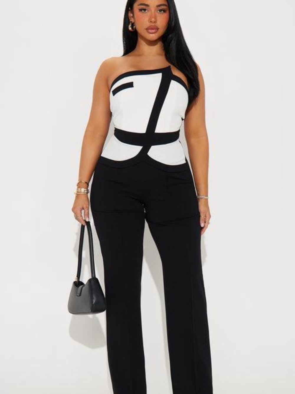 Fashion Nova Black and White Strapless Wide Leg Jumpsuit